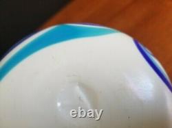 Vintage Artist Signed Grant Waves Iridescent Blue Milk Glass Vase 5 1/4 Euc