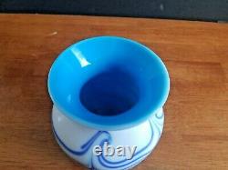 Vintage Artist Signed Grant Waves Iridescent Blue Milk Glass Vase 5 1/4 Euc