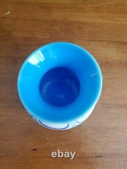 Vintage Artist Signed Grant Waves Iridescent Blue Milk Glass Vase 5 1/4 Euc