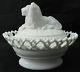 Vintage Atterbury White Milk Glass Ribbed Lion On Lacy Base Covered Animal Dish