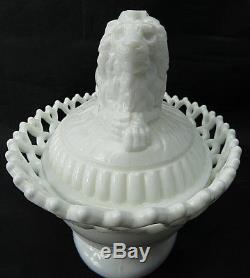 Vintage Atterbury White Milk Glass Ribbed Lion on Lacy Base Covered Animal Dish