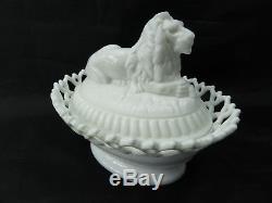 Vintage Atterbury White Milk Glass Ribbed Lion on Lacy Base Covered Animal Dish