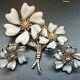 Vintage Barclay Signed Jewelry Set White Milk Glass Floral Brooch Earrings