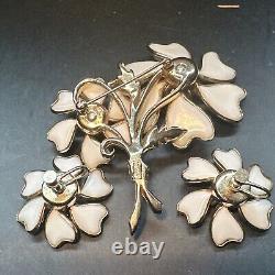 Vintage Barclay Signed Jewelry Set White Milk Glass Floral Brooch Earrings