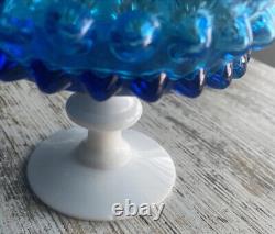 Vintage Blue White Milk Glass Candy Dish Pedestal Comport & Lid hobnail
