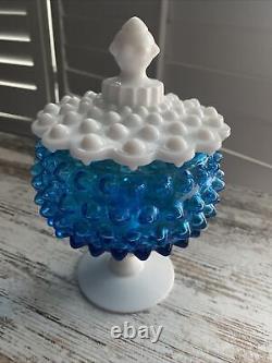Vintage Blue White Milk Glass Candy Dish Pedestal Comport & Lid hobnail