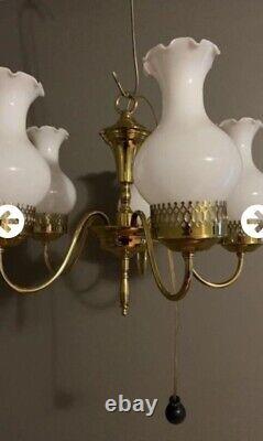 Vintage Brass 5 Arm Hanging Chandelier Milk Glass Scalloped Edge Shades