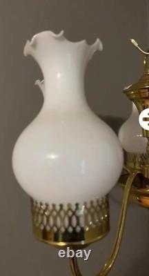Vintage Brass 5 Arm Hanging Chandelier Milk Glass Scalloped Edge Shades