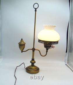 Vintage Brass Desk Lamp with White Milk Glass Shade MCM Library Student Lamp
