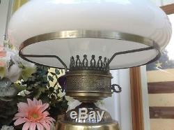 Vintage Brass Hurricane Lamp with White Opal Milk Glass Shade LARGE 24 Tall