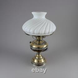 Vintage Brass Hurricane Student Lamp White Swirl Milk Glass Shade & Chimney