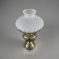 Vintage Brass Hurricane Student Lamp White Swirl Milk Glass Shade & Chimney
