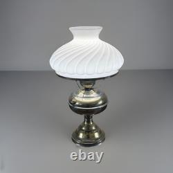 Vintage Brass Hurricane Student Lamp White Swirl Milk Glass Shade & Chimney