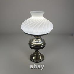 Vintage Brass Hurricane Student Lamp White Swirl Milk Glass Shade & Chimney
