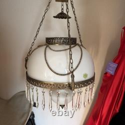 Vintage Brass & Milk Glass Hanging Swag Lamp with Crystal Prisms