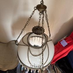 Vintage Brass & Milk Glass Hanging Swag Lamp with Crystal Prisms