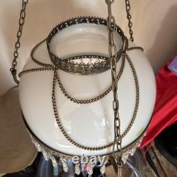 Vintage Brass & Milk Glass Hanging Swag Lamp with Crystal Prisms
