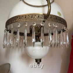 Vintage Brass & Milk Glass Hanging Swag Lamp with Crystal Prisms