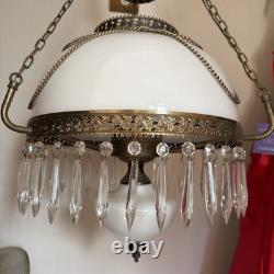 Vintage Brass & Milk Glass Hanging Swag Lamp with Crystal Prisms