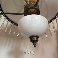 Vintage Brass & Milk Glass Hanging Swag Lamp with Crystal Prisms