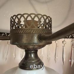 Vintage Brass & Milk Glass Hanging Swag Lamp with Crystal Prisms
