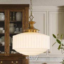 Vintage Brass Milk Glass Pendant Light Fixture, 13.8 White Pleated Glass