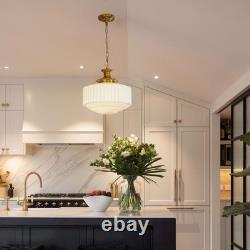 Vintage Brass Milk Glass Pendant Light Fixture, 13.8 White Pleated Glass