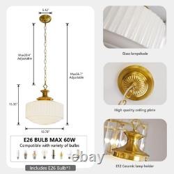 Vintage Brass Milk Glass Pendant Light Fixture, 13.8 White Pleated Glass