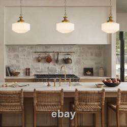 Vintage Brass Milk Glass Pendant Light Fixture, 13.8 White Pleated Glass