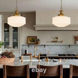 Vintage Brass Milk Glass Pendant Light Fixture, 13.8 White Pleated Glass