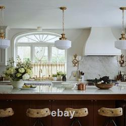 Vintage Brass Milk Glass Pendant Light Fixture, 13.8 White Pleated Glass Cha