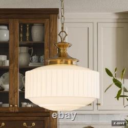 Vintage Brass Milk Glass Pendant Light Fixture, 13.8 White Pleated Glass Chande