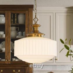 Vintage Brass Milk Glass Pendant Light Fixture, 13.8 White Pleated Glass Chande