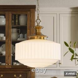 Vintage Brass Milk Glass Pendant Light Fixture, 13.8 White Pleated Glass Chande