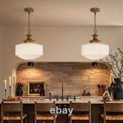 Vintage Brass Milk Glass Pendant Light Fixture, 13.8 White Pleated Glass Chande