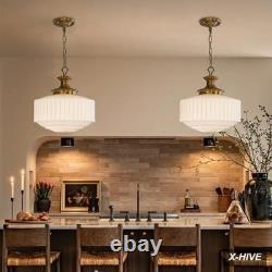 Vintage Brass Milk Glass Pendant Light Fixture, 13.8 White Pleated Glass Chande