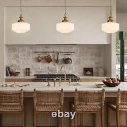 Vintage Brass Milk Glass Pendant Light Fixture, 13.8 White Pleated Glass Chande