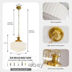 Vintage Brass Milk Glass Pendant Light Fixture, 13.8 White Pleated Glass Chande