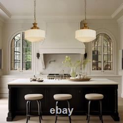 Vintage Brass Milk Glass Pendant Light Fixture, 13.8 White Pleated Glass Chande