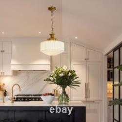 Vintage Brass Milk Glass Pendant Light Fixture, 13.8 White Pleated Glass Chande