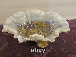 Vintage Bride's Basket Milk Opaque Glass & Gold Fancy Ruffled Glass Bowl (CA)