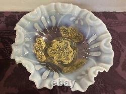 Vintage Bride's Basket Milk Opaque Glass & Gold Fancy Ruffled Glass Bowl (CA)