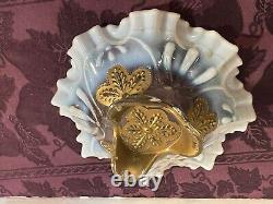 Vintage Bride's Basket Milk Opaque Glass & Gold Fancy Ruffled Glass Bowl (CA)