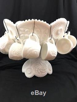 Vintage Buzz Star Westmoreland Milk Glass Punch Bowl Set with 13 Cups