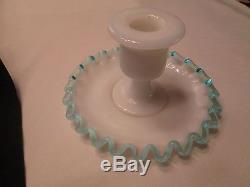 Vintage Candle stick holder set Fenton Blue Crest rim edge milk Glass