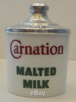 Vintage Carnation Malted Milk Glass Jar with Aluminum Lid Soda Fountain