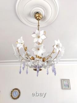 Vintage Chandelier Murano White Milk Glass Basket Ceiling Light Fixture Wedding