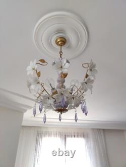 Vintage Chandelier Murano White Milk Glass Basket Ceiling Light Fixture Wedding