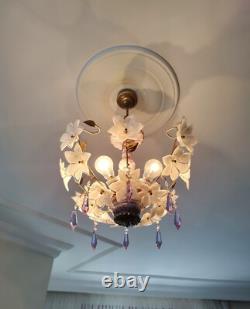 Vintage Chandelier Murano White Milk Glass Basket Ceiling Light Fixture Wedding