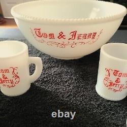 Vintage Christmas McKee Milk Glass Tom Jerry Red White Punch Bowl Set Egg Nog